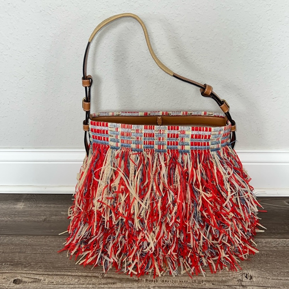 Tory Burch Poppy Red/Multi Frayed Lurex RARE Tweed Hobo Handbag Purse